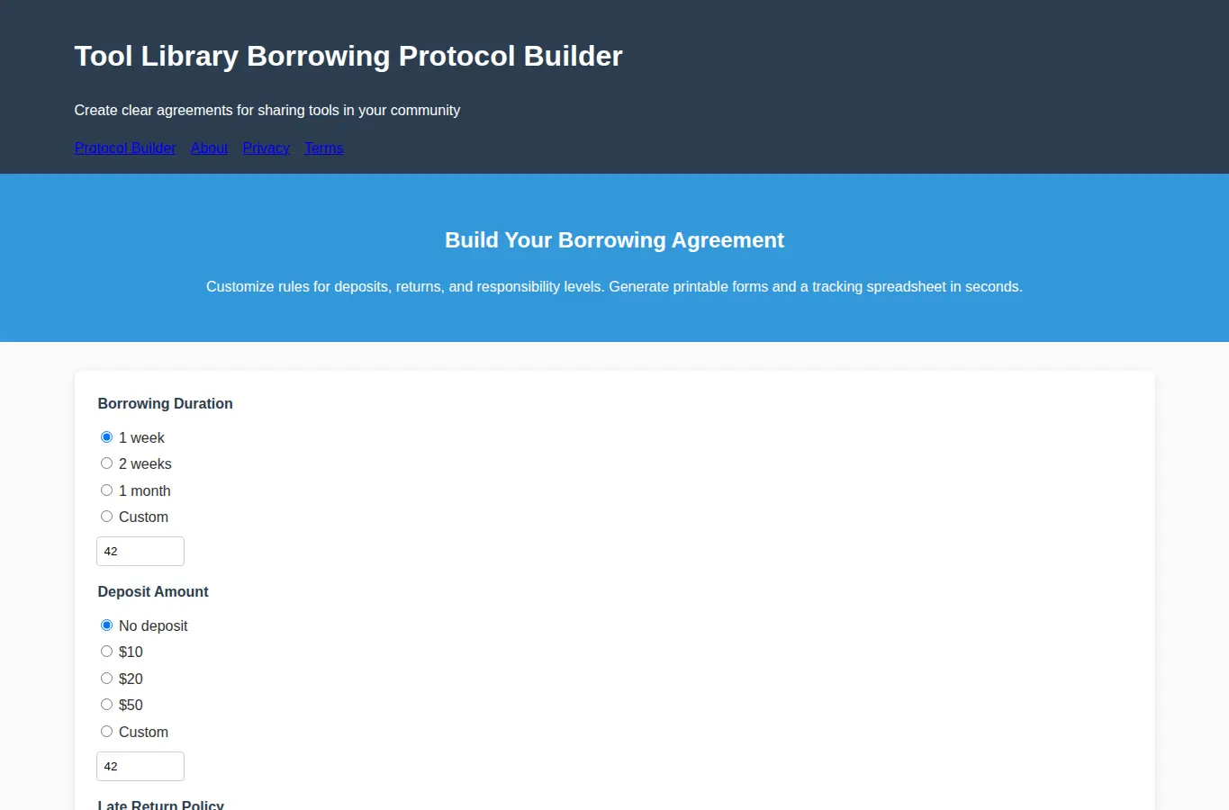 Screenshot of Tool Library Borrowing Protocol Builder interface showing the project page in use